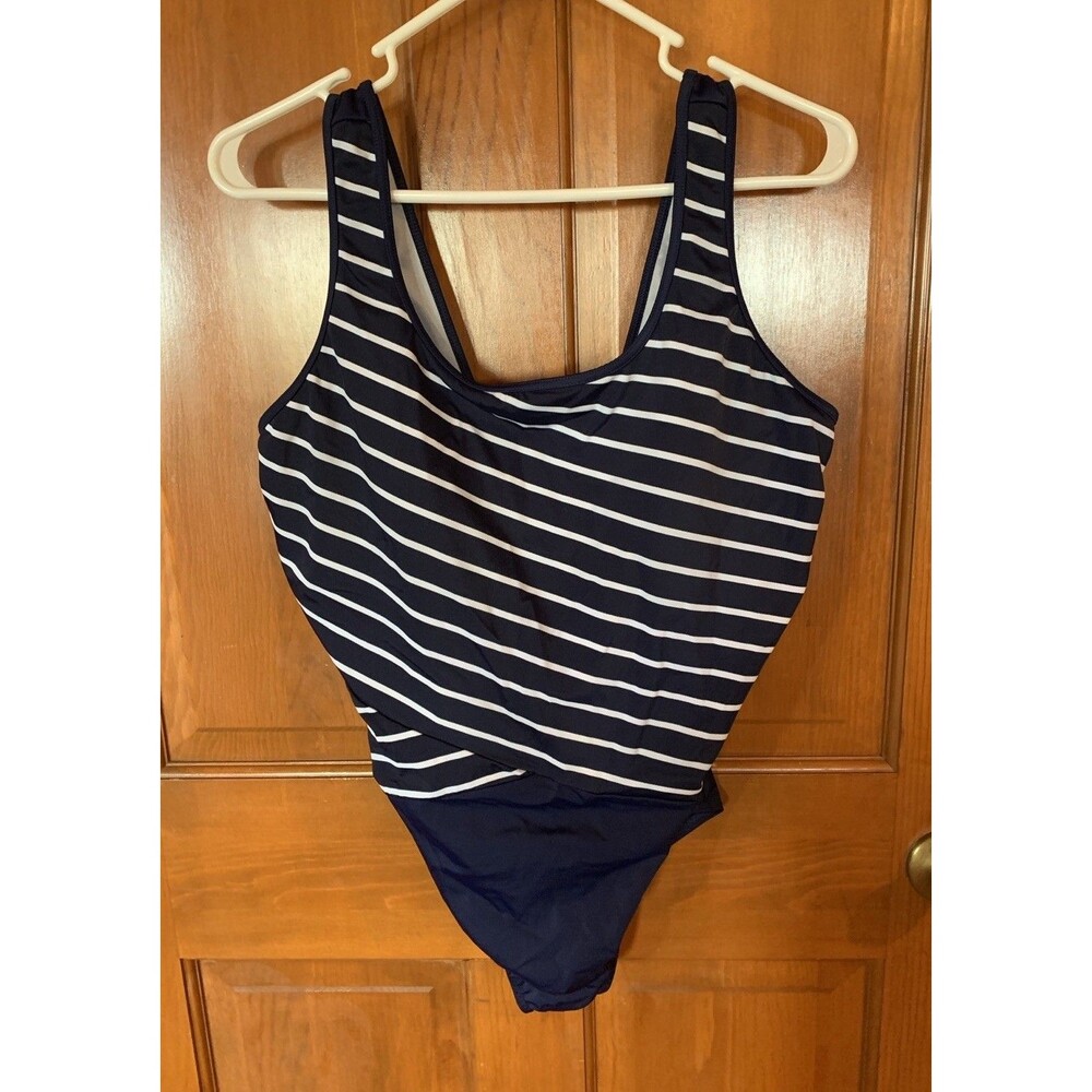 Lands' End Women’s Swimsuit Size 16W Modest Navy Stripe Built In Bra Nautical